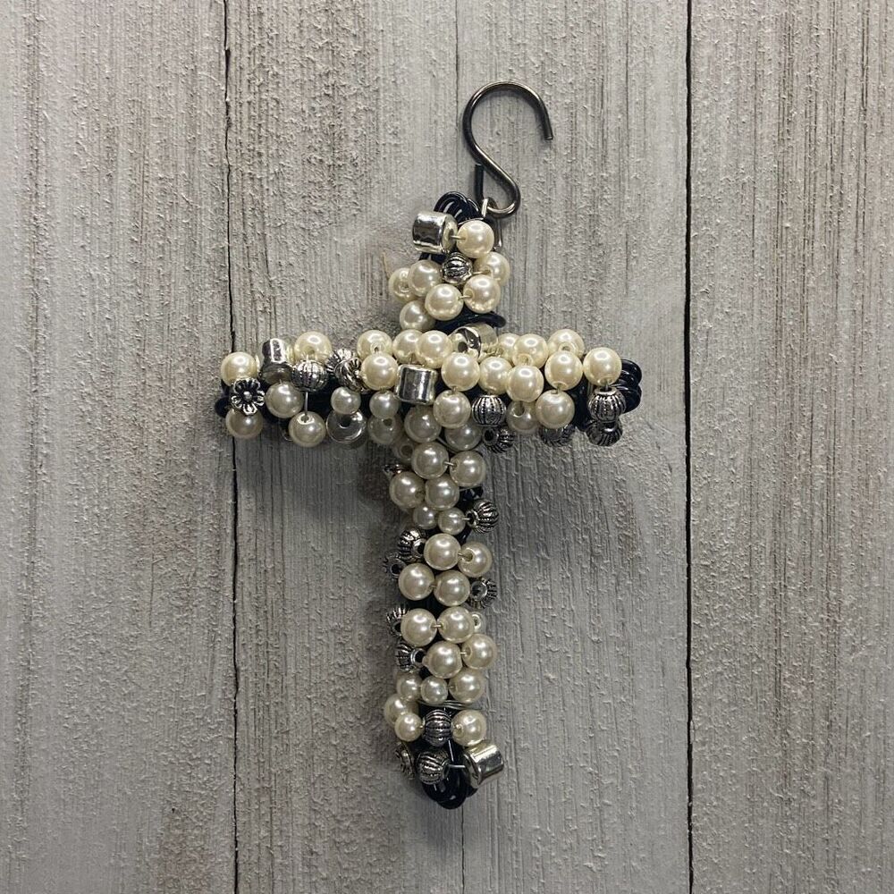 Handmade Unique Black Silver Pearl Beaded Wired Cross Christian Religious Cross